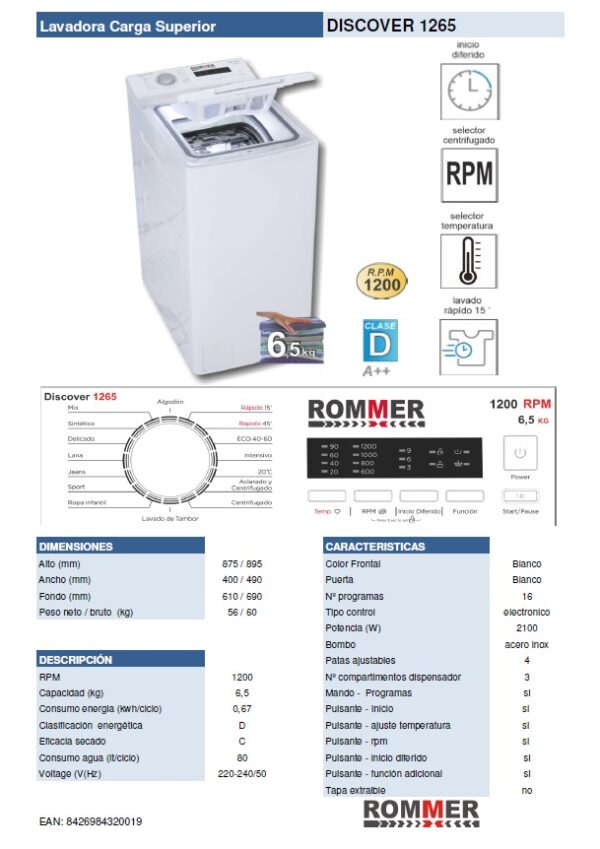 ROMMER LAVADORA CARGA SUPERIOR 6.5KG DISCOVER