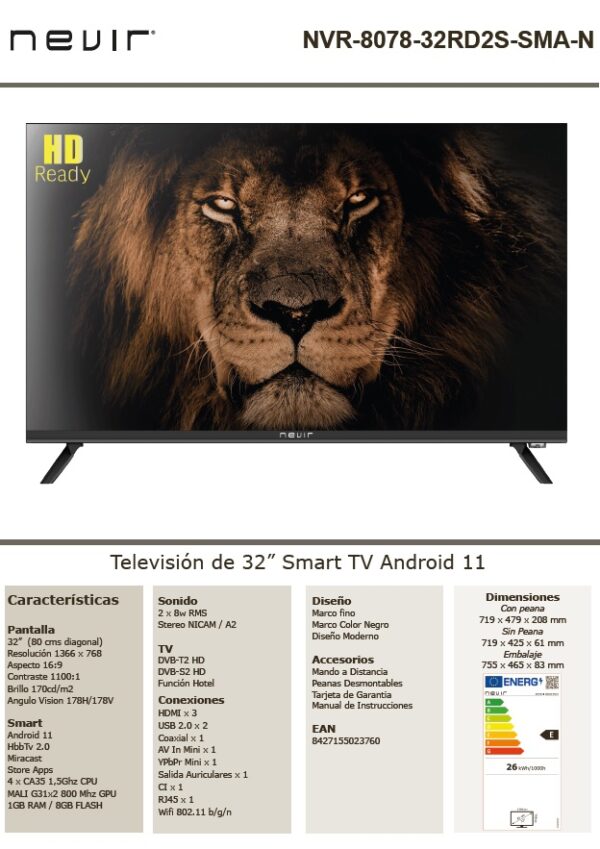 NEVIR SMART TV 32" NEGRO LED SIN MARCO HD READY
